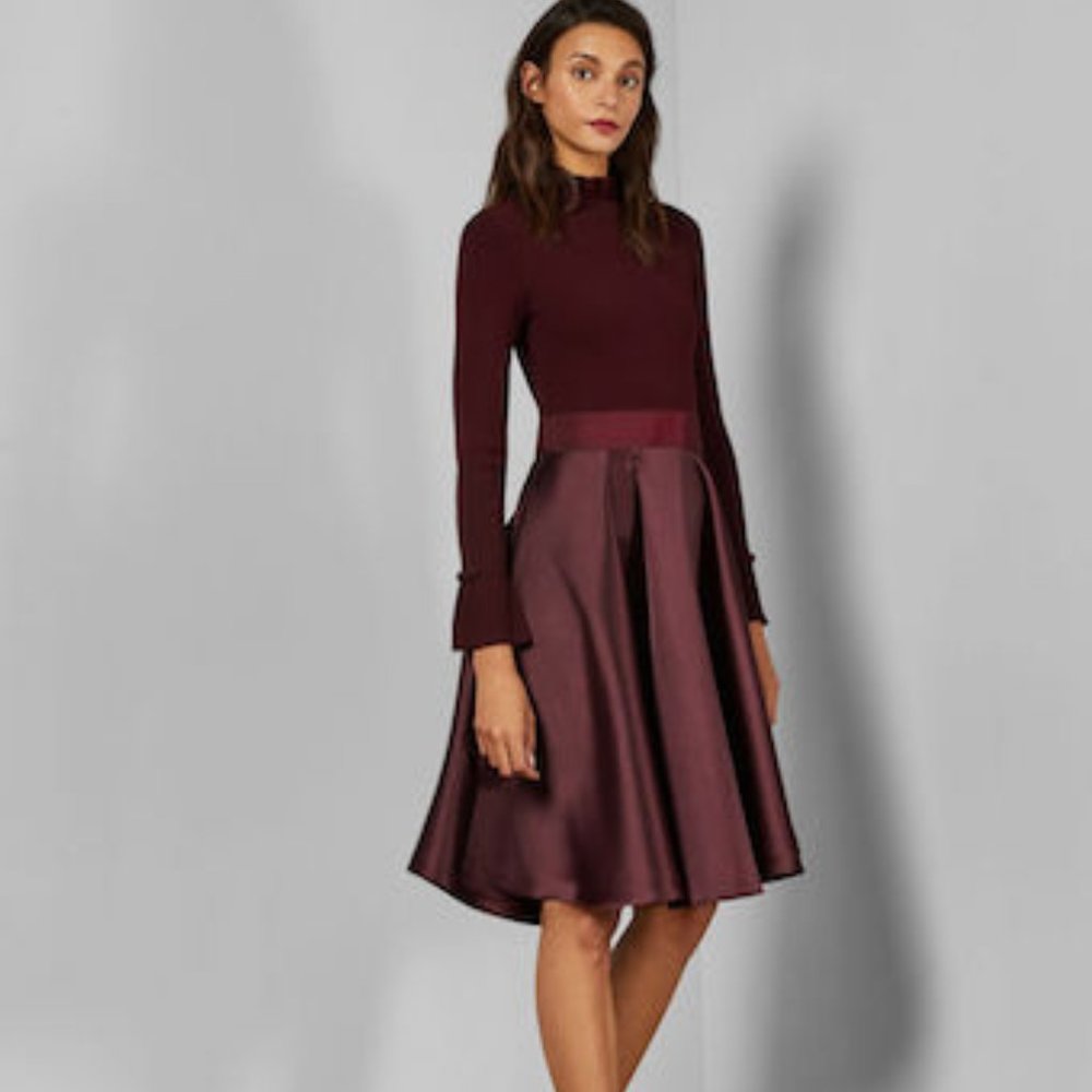 TED BAKER ZADI FRILL NECK FULL SKIRT DRESS, MAROON RED